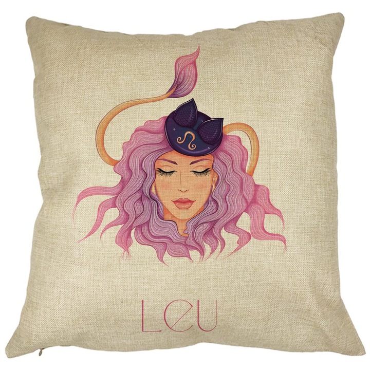 Perna Decorativa, Zodia Leu, 40x40 cm, Husa Detasabila, Burduf