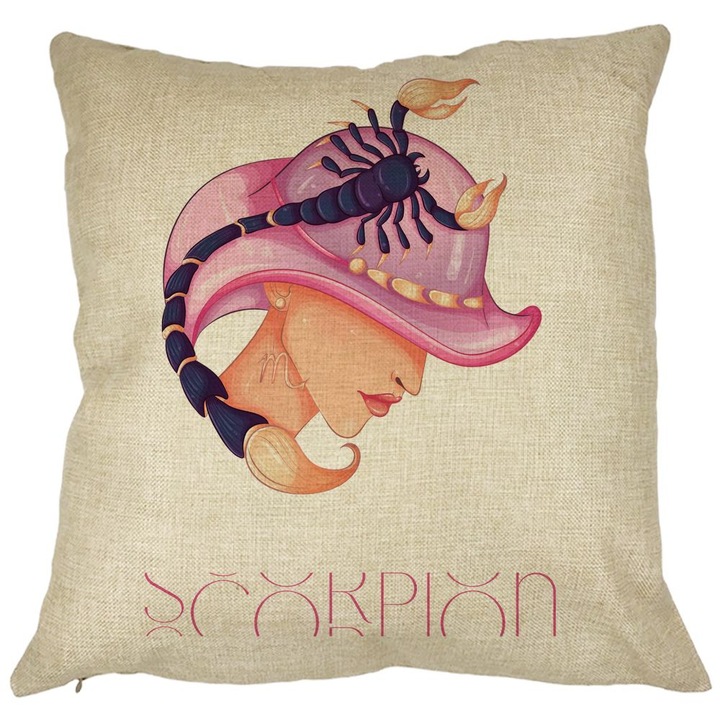 Perna Personalizata, Model Zodia Scorpion, 40x40 cm, Husa Detasabila, Burduf