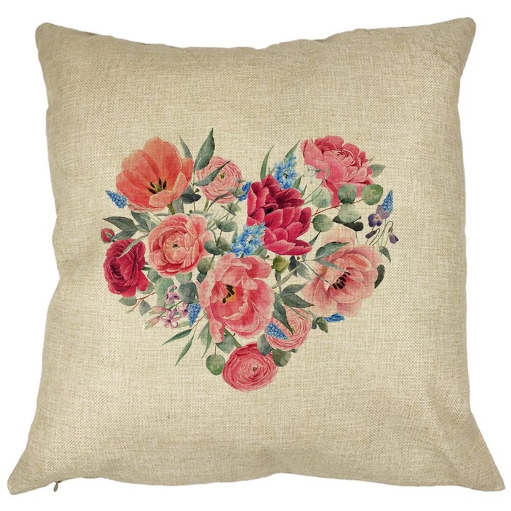 Dekoratív párna, Virágszív, 40x40 cm, Levehető huzat, Fújtató