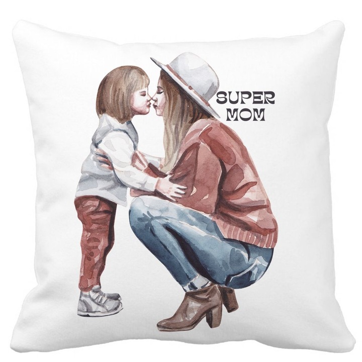 Fata de Perna Decorativa, Super Mom, Alba, Mata, 40x40 cm