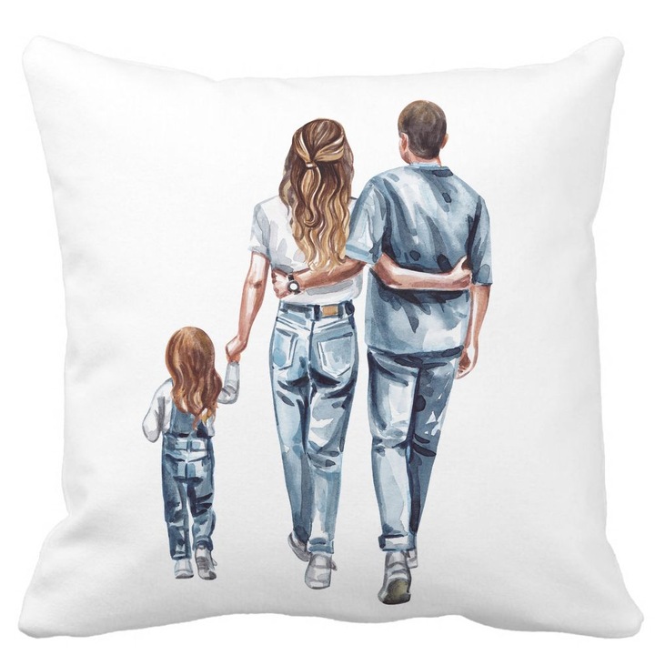 Dekoratív párnahuzat, család kék, fehér, matt színben, 40x40 cm