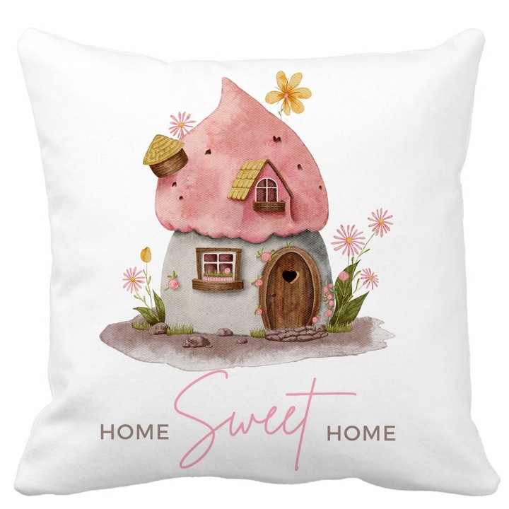 Dekoratív párnahuzat, Home Sweet Home, fehér, matt, 40x40 cm