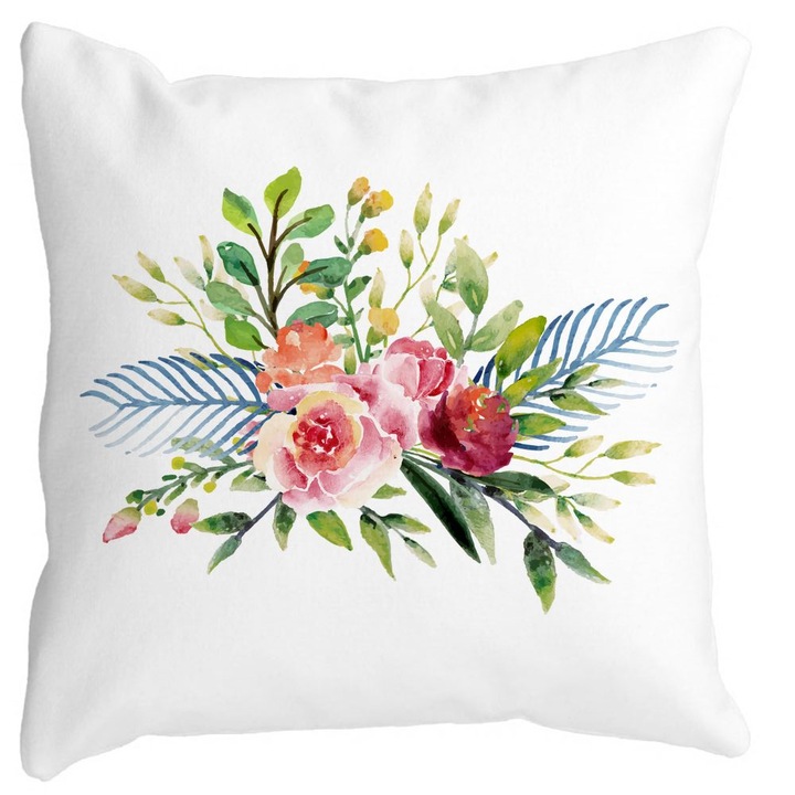 Dekoratív párnahuzat, nyári virágos, fehér, matt, 40x40 cm