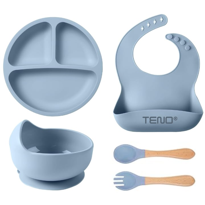 Bebeulsi Teno® etetőkészlet, 5 db, hőálló, szilikon, BPA-mentes, összecsukható, könnyen tisztítható, poroskék