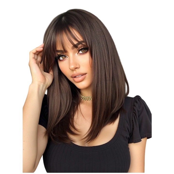 Peruca pentru femei, lungime medie, dreapta, cu breton, culoarea saten maro ciocolata natural, 40 cm, The Casius.®