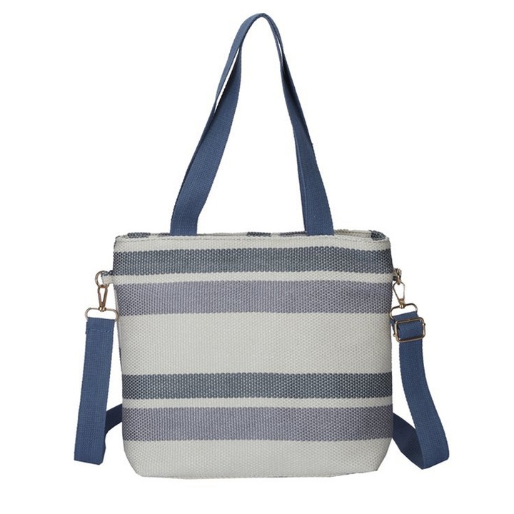 Női válltáska, csíkos kivitel, nagy kapacitású, multifunkcionális, fehér/kék