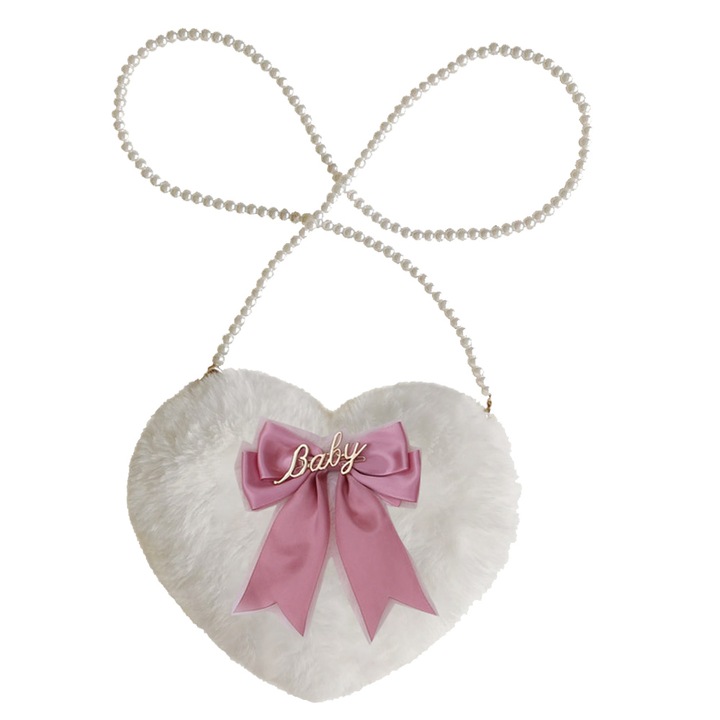 Geanta crossbody din plus cu lant perlat, BGHYHYHI, roz/alb, pentru femei si fete