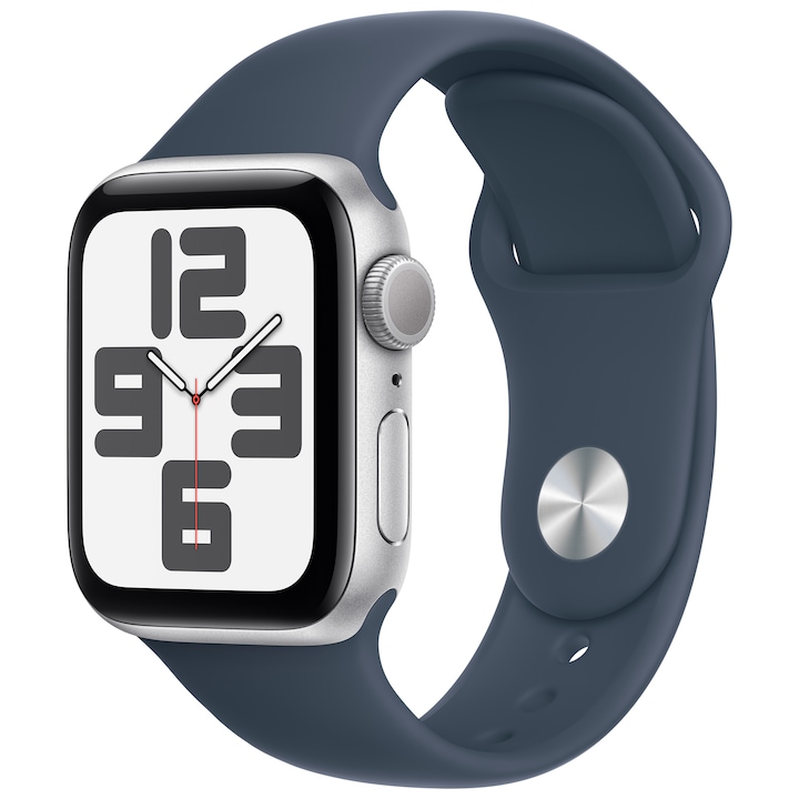 Apple Watch SE (2023) GPS, 40mm, Ezüst alumíniumtok, viharkék sportszíj - S/M