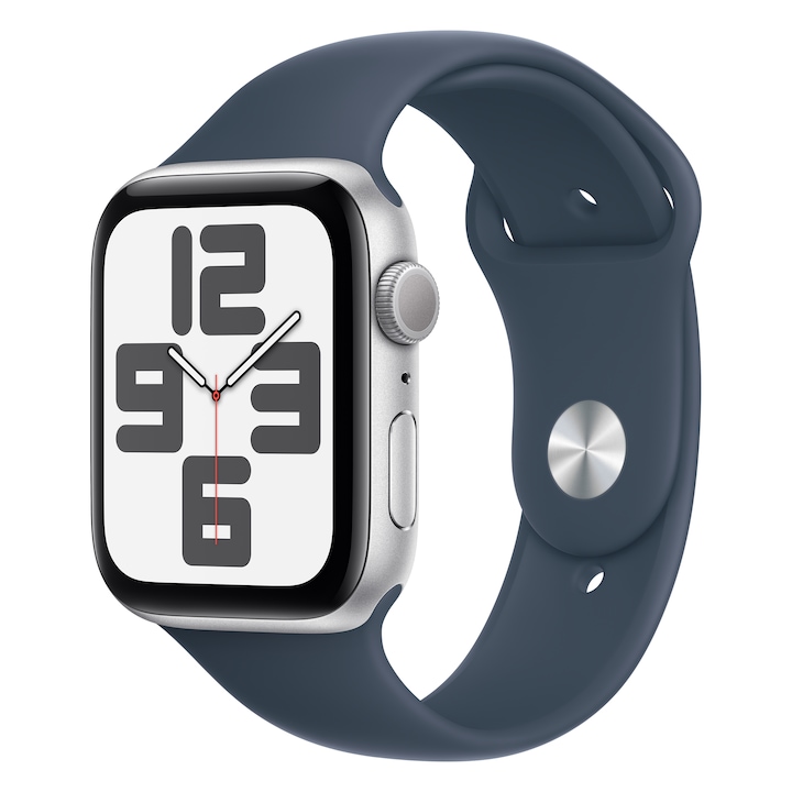 Apple Watch SE (2023) GPS, 44mm, Ezüst alumíniumtok, viharkék sportszíj - M/L