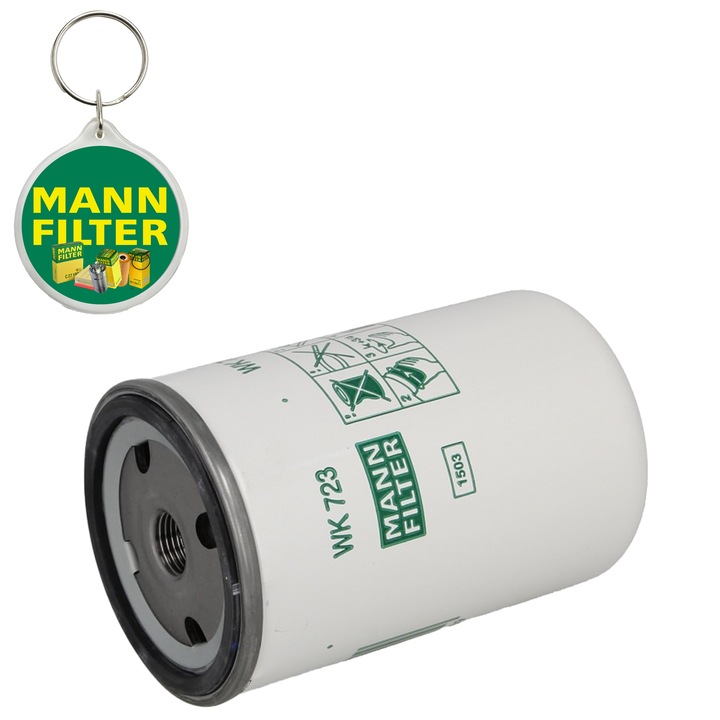 Filtru combustibil MANN FILTER WK723, compatbil cu DAF SB, SCANIA 3, VOLVO B10, NL, FORD CARGO si breloc Mann