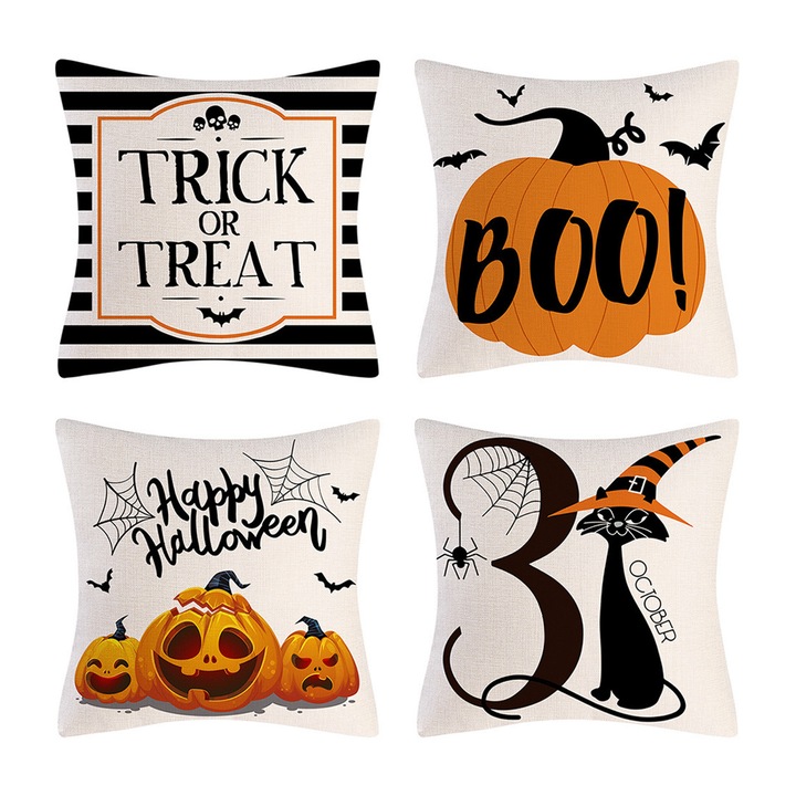 Комплект от 4 декоративни калъфки за възглавници, longziming, тема Хелоуин, лен, 45 х 45 см, многоцветни