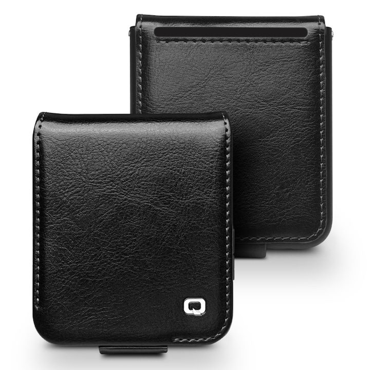 Husa pentru Samsung Galaxy Z Flip5, Qialino Magnetic Classic Wallet, din piele naturala fina, inchidere sigura magnetica, protectie rama telefon, cu buzunar card, culoare Negru