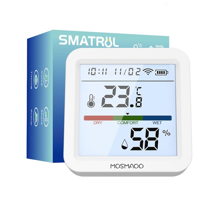 Termometru/Higrometru smart, MOSMAOO®, Tuya, WiFi, Afisaj LCD, Compatibil cu Tuya/Smart Life/Google Home/Alexa, Alb