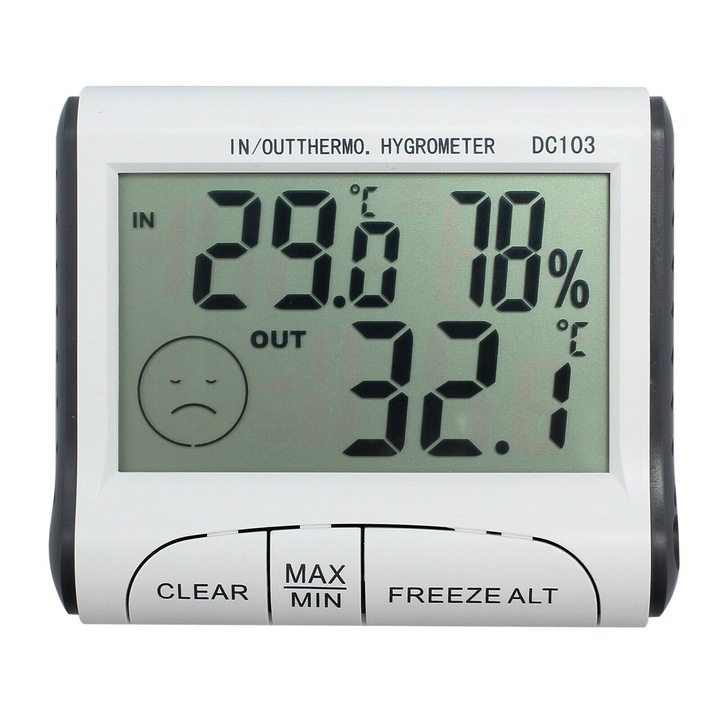 Termometru si higrometru de camera, Indicator comfort, Ecran LCD, Ceas, Ceas cu alarma, Baterie AG13 inclusa, Functia de memorie, Suport Stand, Alb 8050
