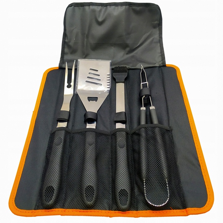 Set 5 accesorii gratar Renew Force, INOX, Cleste pentru carne, Cu carcasa neagra, Argintiu