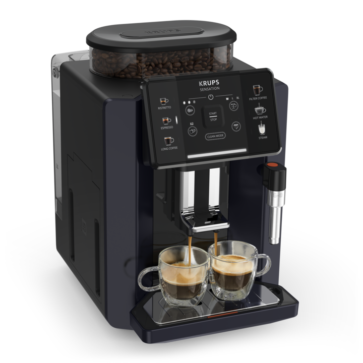 Espressor automat KRUPS Sensation EA910B10, 5 retete,ecran tactil, presiune 15 bari, capacitate rezervor cafea 260g, duza de abur, 1450 W, Sistem Thermoblock Compact, negru & violet