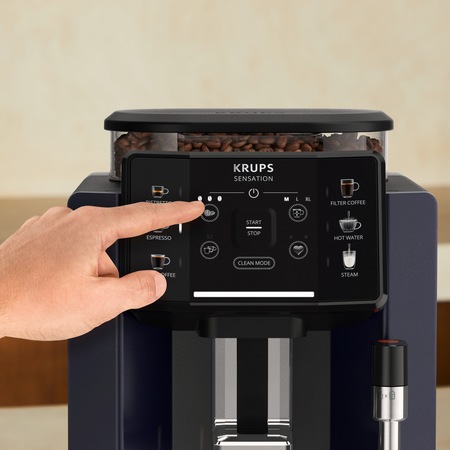 Espressor automat KRUPS Sensation EA910B10, 5 retete,ecran tactil, presiune 15 bari, capacitate rezervor cafea 260g, duza de abur, 1450 W, Sistem Thermoblock Compact, negru & violet