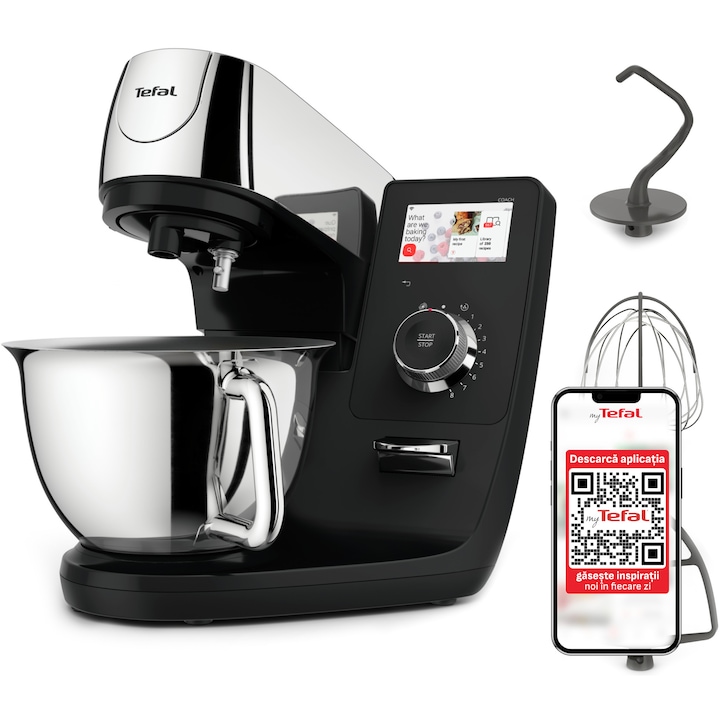 Robot de bucatarie Tefal i-Coach Touch QB950D38, ecran tactil, 21 programe automate, 10 trepte viteza, 1200 W, 5,5 L, negru