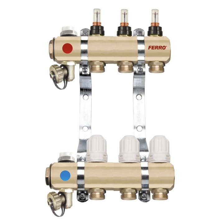 Distribuitor cu debitmetre si robineti termostatici Ferro, 3 cai