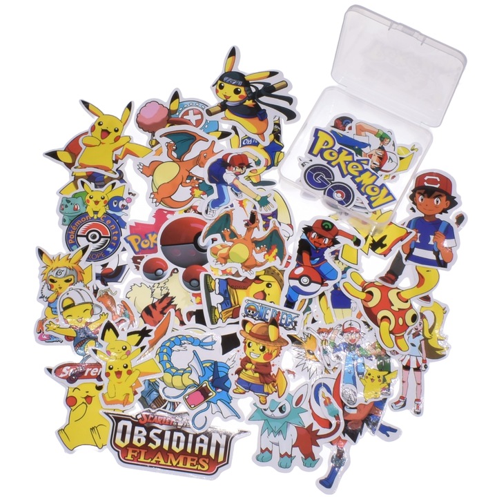 Set 50 Stickere decorative Pokemon Stone®, pentru skateboard, bicicleta, frigider, geamantan, moto, cutie depozitare