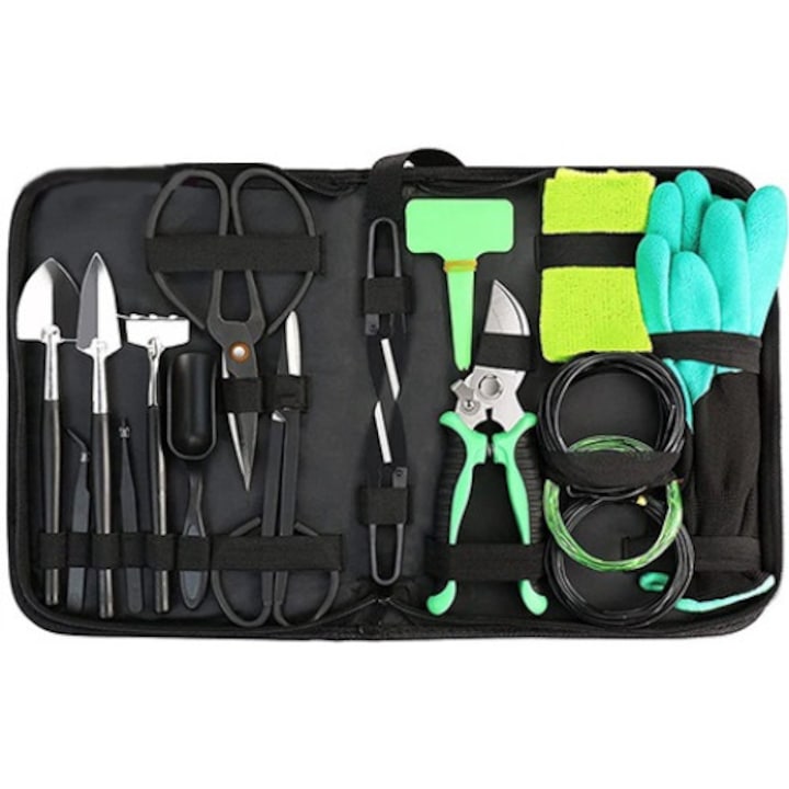 Комплект инструменти за градинарство, Tebnaild, 24 части, черен / зелен цвят