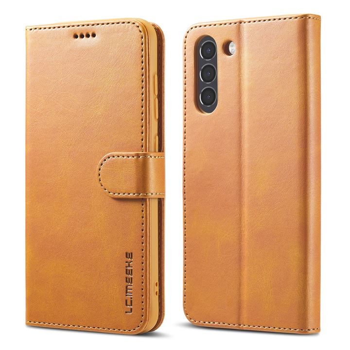 Капак за Samsung Galaxy S21 FE, CaseMe, кожа, тип портфейл, магнитно закопчаване, стойка, мека опора в цвета на капака, цвят Кафяв