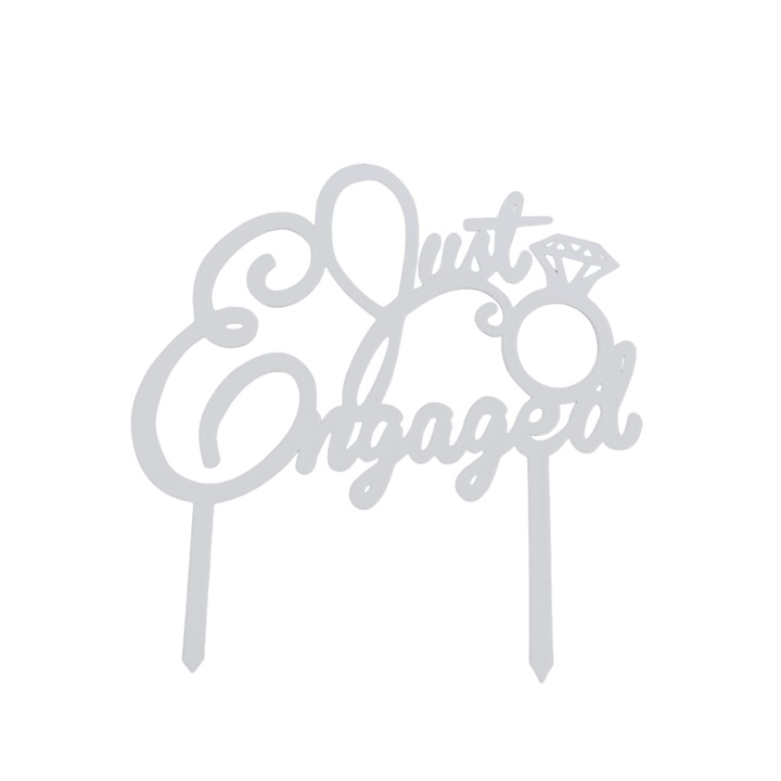 Tortadísz, "JUST ENGAGED" topper, szerelemgyűrű, leánybúcsú 19 x 19 cm ezüst