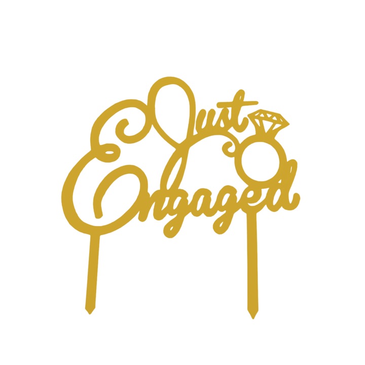 Украса за торта, горна халка на любовта "JUST ENGAGED", моминско парти 19 х 19 см злато