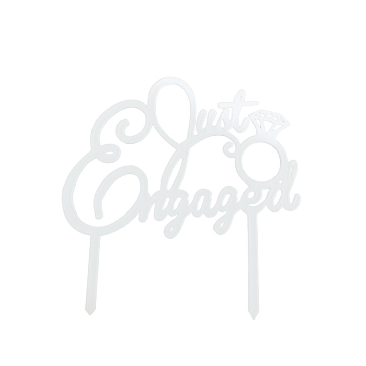 Украса за торта, горна халка на любовта "JUST ENGAGED", моминско парти 19 х 19 см бяла слонова кост