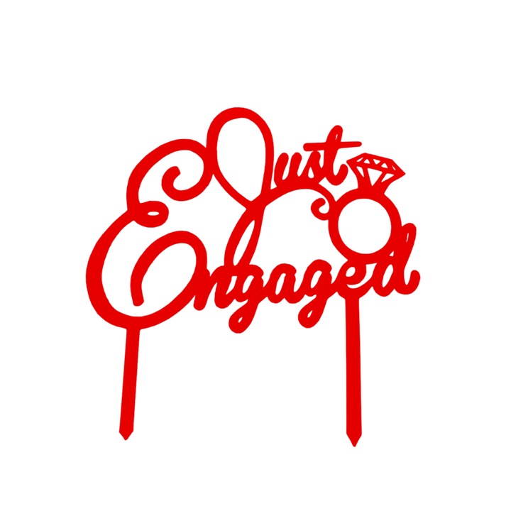 Tortadísz, "JUST ENGAGED" topper szerelemgyűrű, leánybúcsú 19 x 19 cm piros