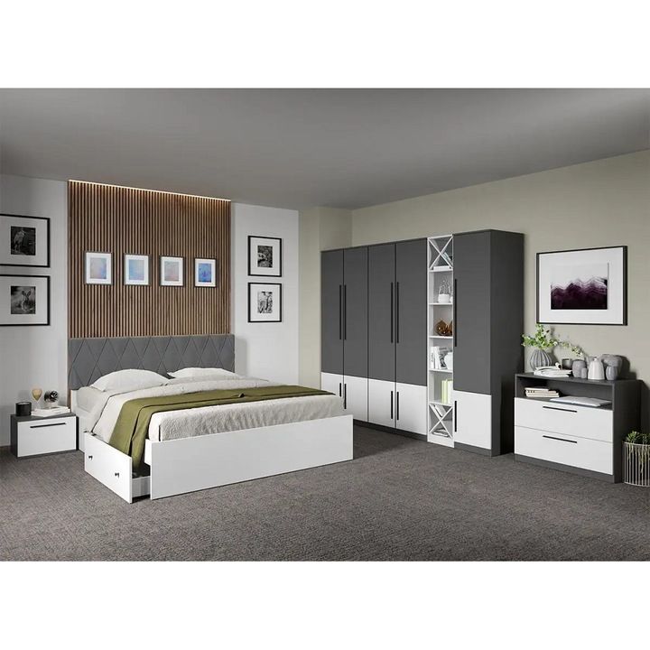 Set dormitor, Gri Antracit cu Alb, Sidney, C43, Pat cu 2 sertare, Dulap, Comoda, Noptiere