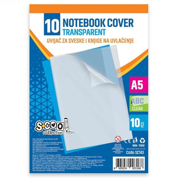 Set 10 Coperti Caiet A5 S-Cool, transparente, SC143
