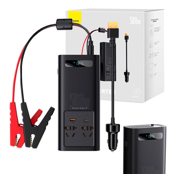 Invertor pentru Masina USB, Type-C, CN/EU, 150W/12V, 500W/220V + Cleme si Cablu 12V - Baseus (CGNB000101) - Black