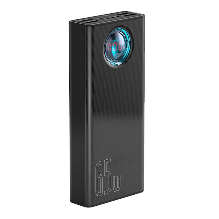 PowerBank Baseus Amblight, PPLG-A01, 30000 mAh, 7 порта, Черен, Quick Charge 3.0, PD, 65W, С осветен LED дисплей, 14,5 x 6,5 x 3,8 cm