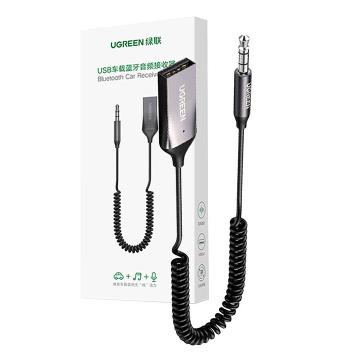 Аудио адаптер за кола UGREEN, Bluetooth 5.0, Вграден микрофон, Сив/Черен