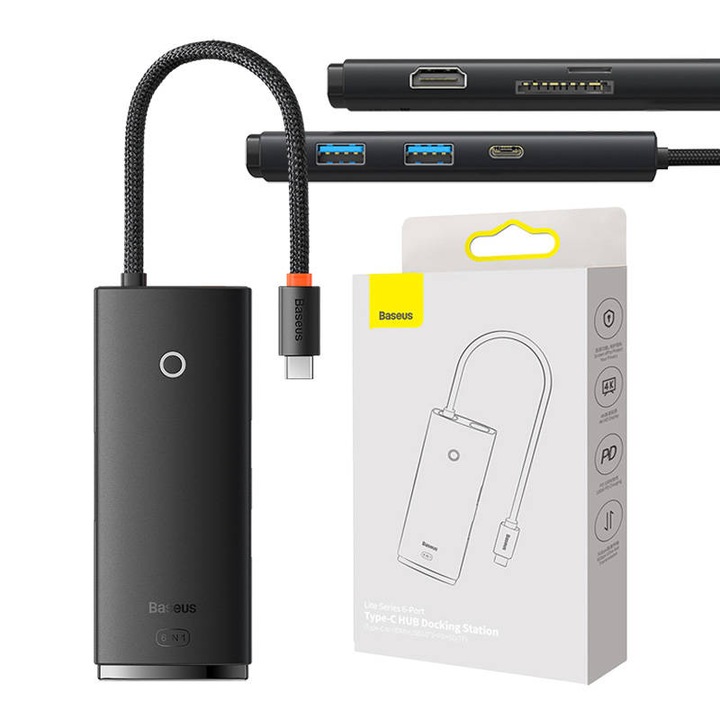 Хъб, Baseus, OS Lite, 6 порта, USB-C/PD/SD/TF/HDMI, черен