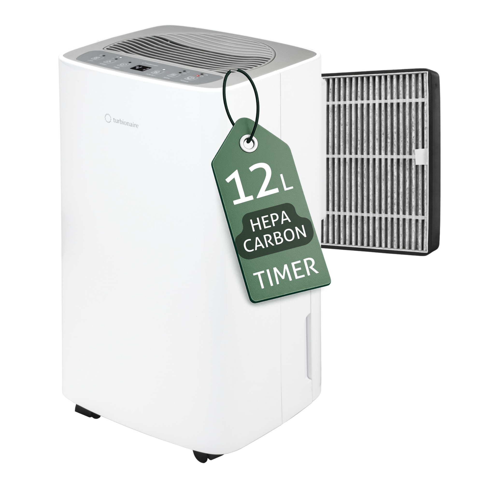 Dezumidificator si Purificator Turbionaire SENSO 12 SG Clean, 12 l/24h, Filtru Turbionaire T-Clean HEPA + Carbon, Silentios 36 dB, Rezervor 2l, 120 m³/h, Display Led, Timer