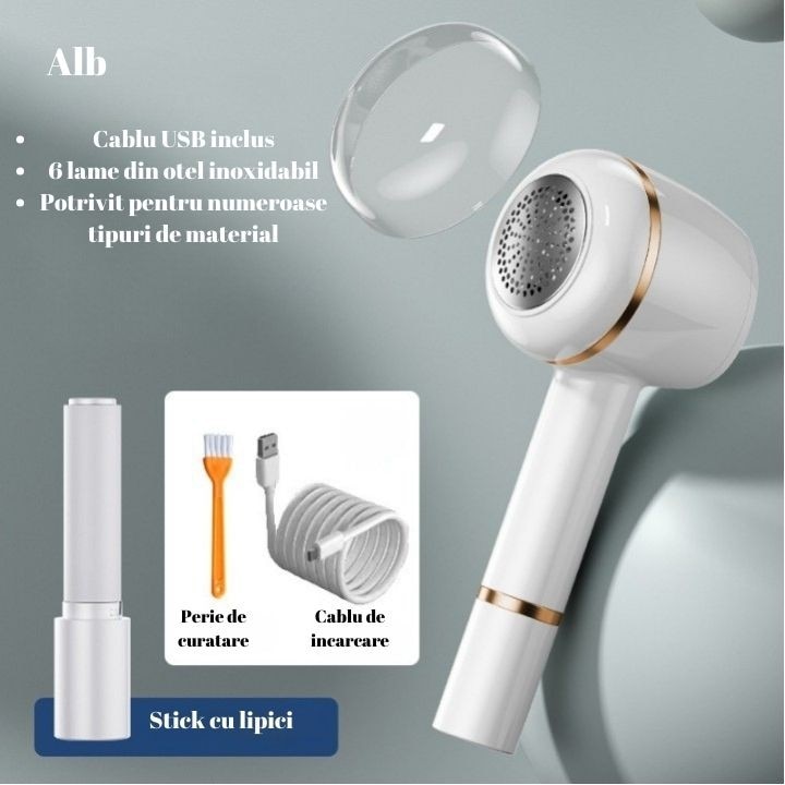 Aparat curățat scame Leski, lame din oțel inoxidabil, încărcare USB Type-C, alb, 220x86mm