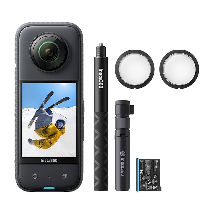 Комплект спортна видеокамера Insta360 X3 Creator Kit, Камера X3, 2 протектора за лещи, Резервна батерия, Статив, Невидим селфи стик, Черен