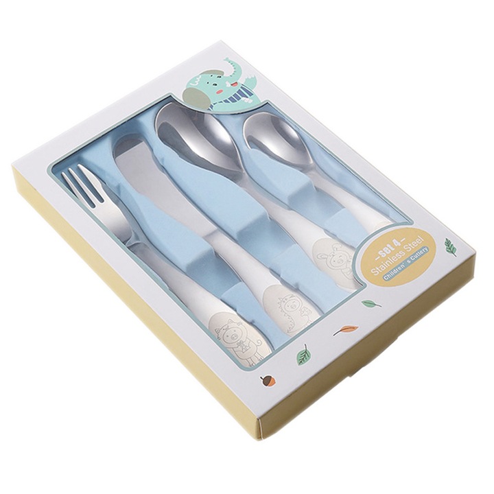 Детски прибори Kravzite от 4 броя, неръждаема стомана, лесни за почистване, гладка заоблена глава, анимационен дизайн, сребрист цвят