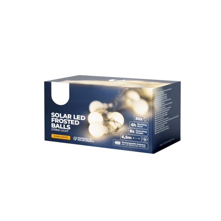 Ghirlanda luminata cu 30 becuri LED Frost, 6.5 m, alimentare la 230V, incarcare solara sau cu baterii, culoare Warm White