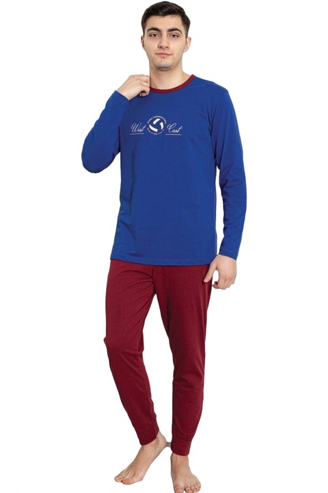 Férfi pamut pizsama, ujjal és hosszú nadrággal, West 5150 nyomattal, Kék