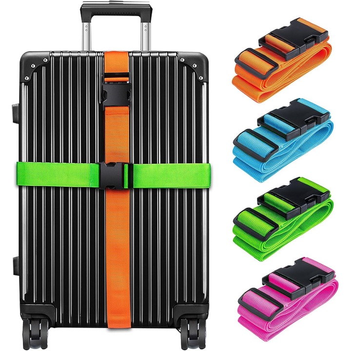 Комплект от 4 ремъка за багаж, за количка, куфар и чанта, регулируеми до 200 см, Син/Розов/Оранжев/Зелен, Cafuneplus®