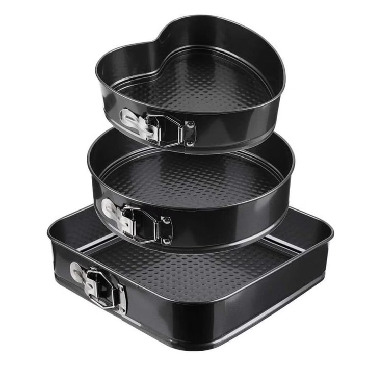 Set 3 Tavi pentru Copt cu Forme Inima/Rotunda/Patrata si Baza Detasabila, E-manor®