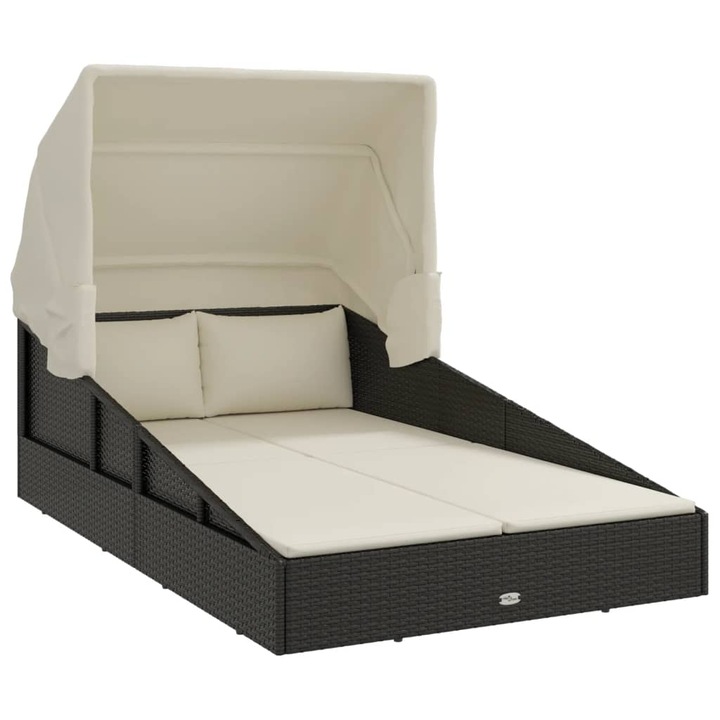 Sezlong cu acoperis pliabil, negru, 200x114x128 cm, poliratan 362273