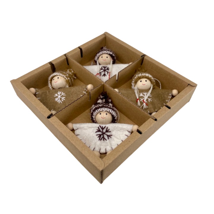 Set 4 ornamente brad Craciun, lemn, 7cm