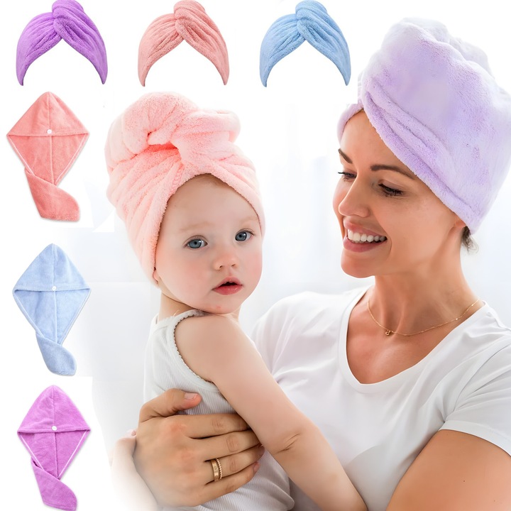 Prosoape din microfibra Regal Bliss ® pentru uscarea rapida si eficienta a parului, cu nasture de prindere pentru o fixare buna, ideal pentru toate tipurile si lungimile de par, Set de 6 bucati, Multicolor