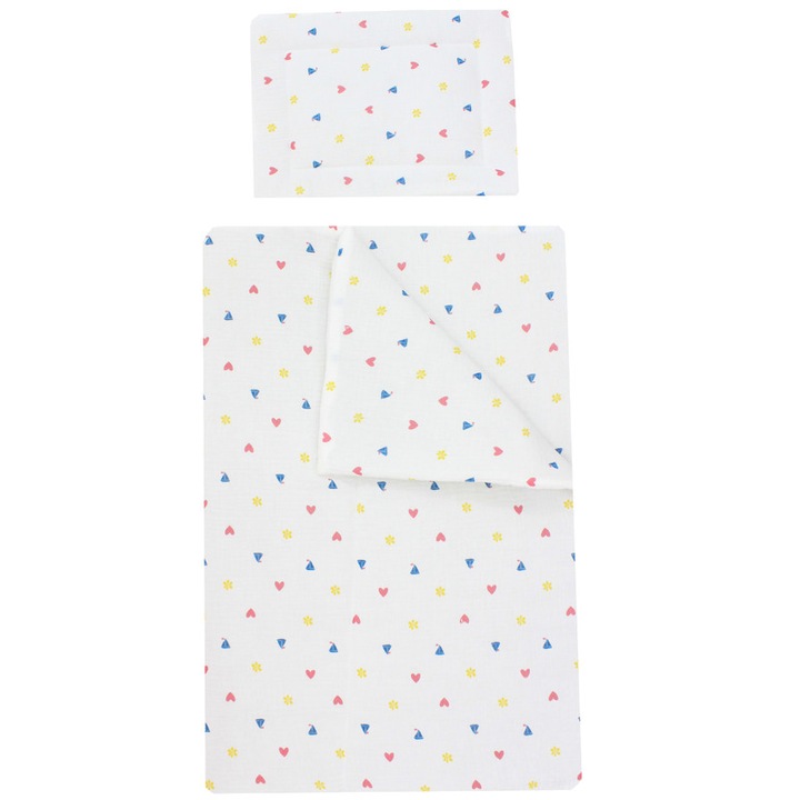 Set 2 piese, plapumioara si perna, muselina, bumbac organic, Inimioare mici, multicolor, 120x60cm