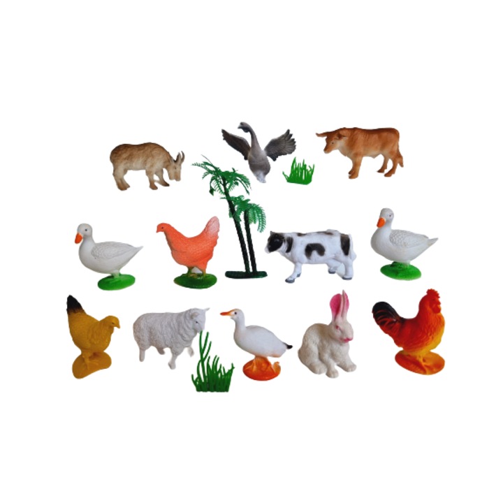 Set de 12 figurine animale domestice, iarba si pom, Ferma animalelor, 15 accesorii, Altetru