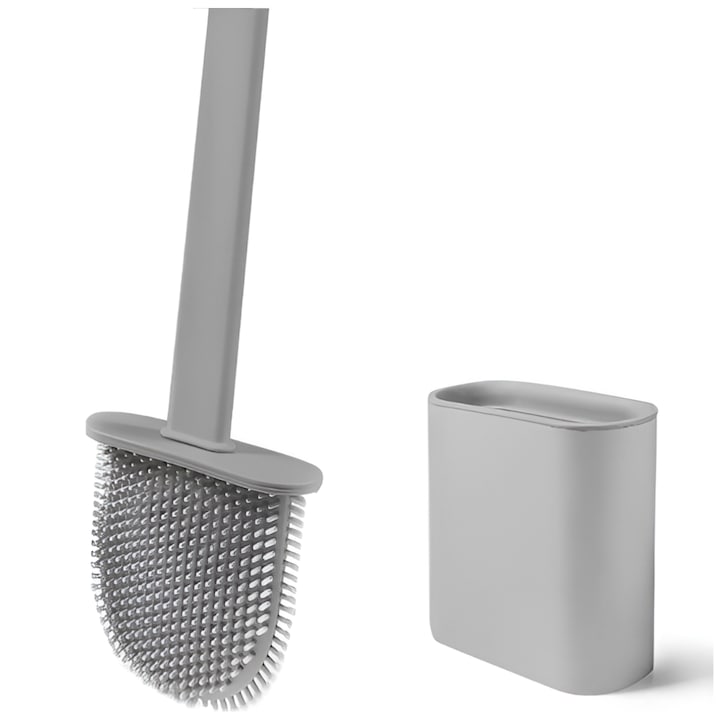 Perie de silicon pentru toaleta cu suport din plastic, aspect modern, Gri, E-manor®